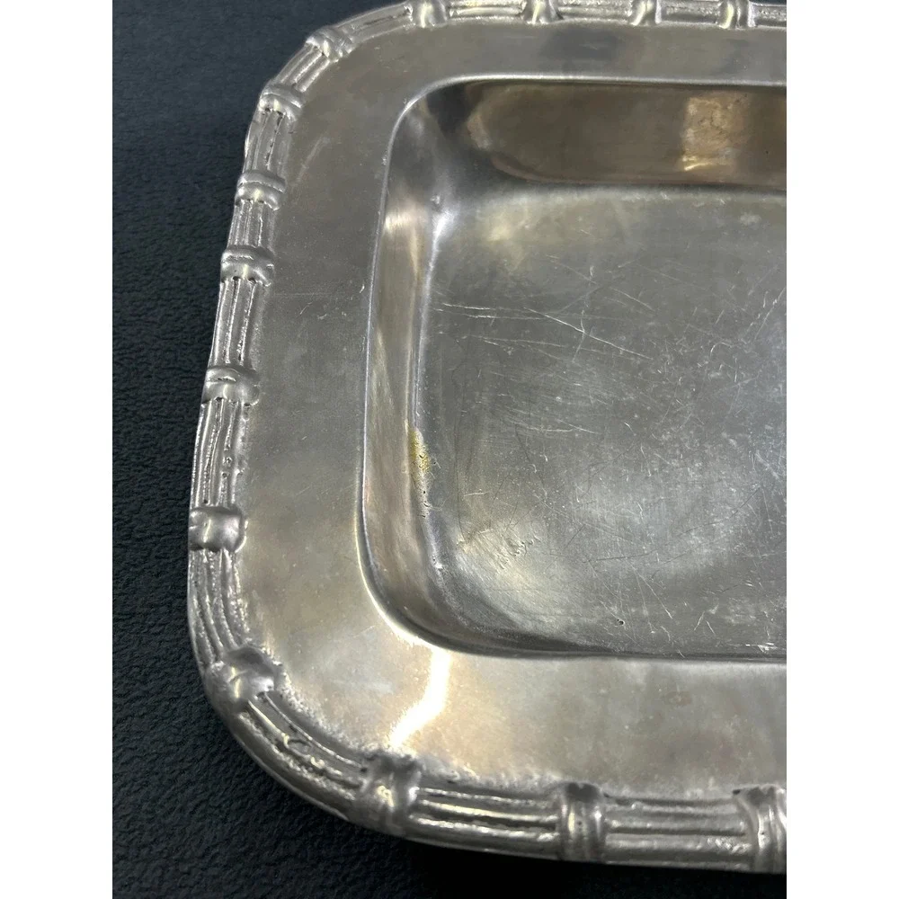 Vintage Pewter Square Serving Bowl Faux Bamboo Rim Chinoiserie Catchall Dish